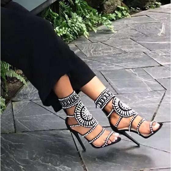 Open Toe Rhinestone Design High - RED / 4