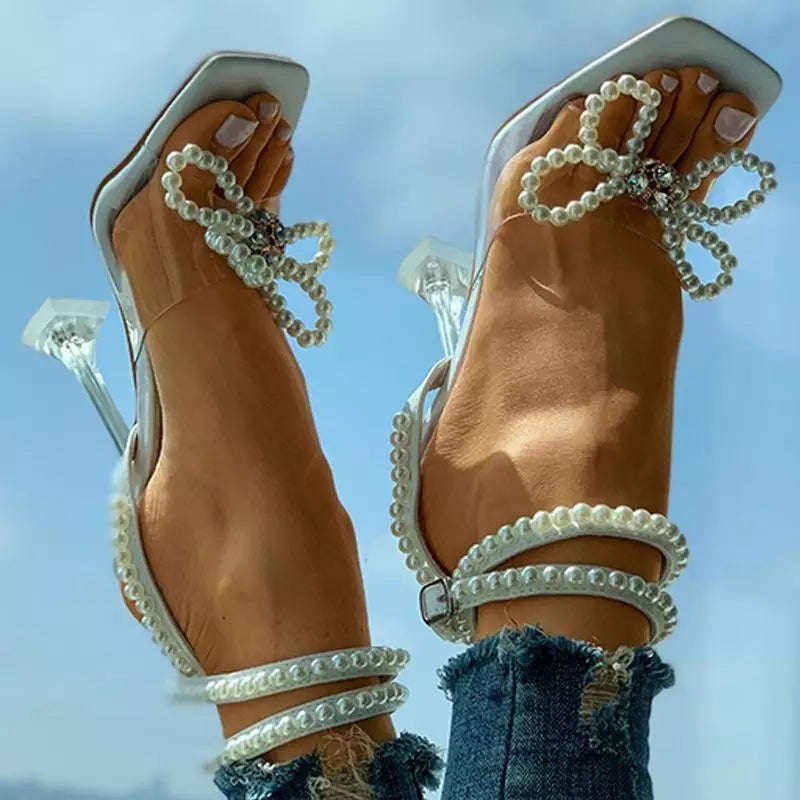 White Pearl Rope Bow High Heel