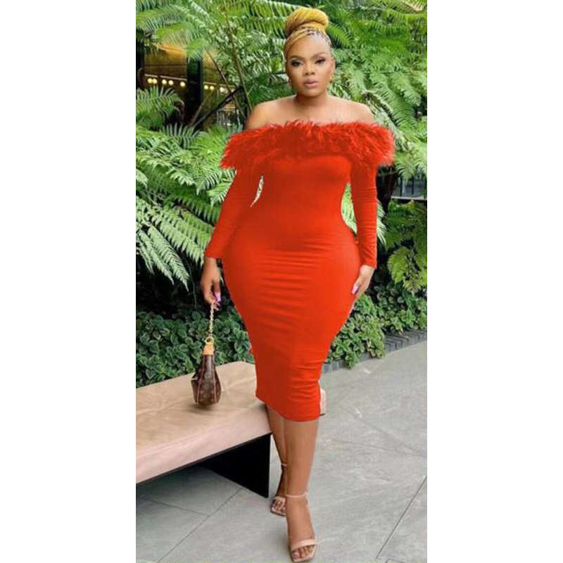 Bodycon Off Shoulder Feather Dress