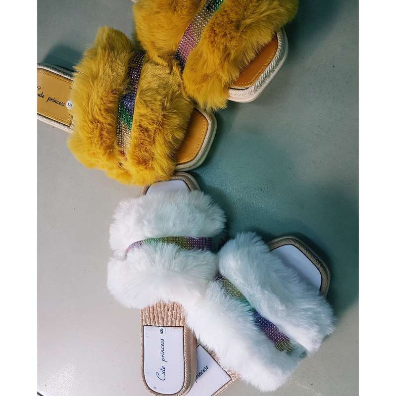 Furry Slides Outside Sexy Shoes - MUSTARD / 4