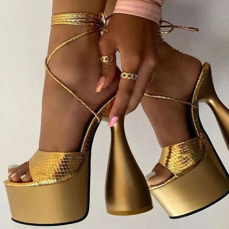 Thick Heel Platform Ankle Strap Shoes - SILVER / 5