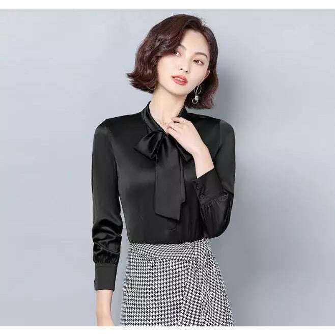 Bow Collar Silk Satin Shirts Blouses - BLUE / XL