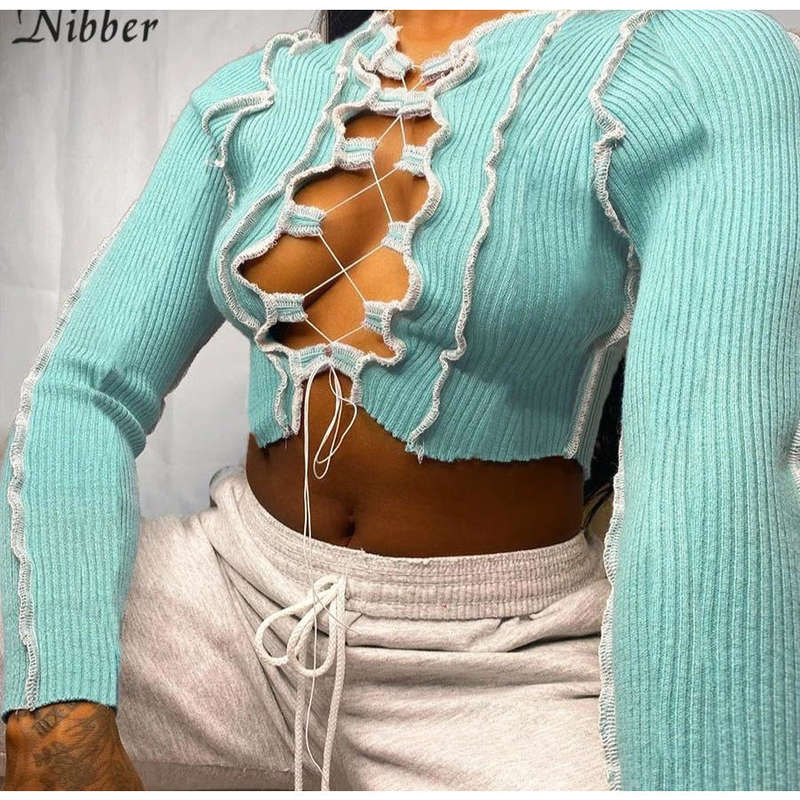 Lace Up Long Sleeve Crop Top - SKY BLUE / M