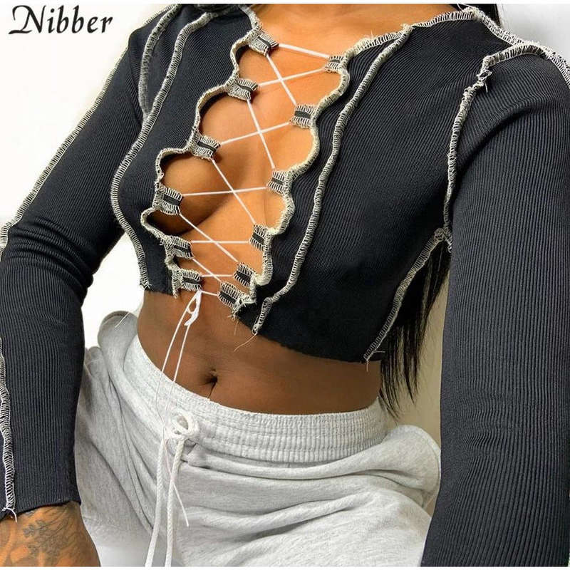 Lace Up Long Sleeve Crop Top - SKY BLUE / M