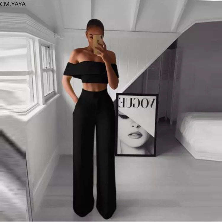 Off Shoulder Crop Top and High Waisted Pants Set