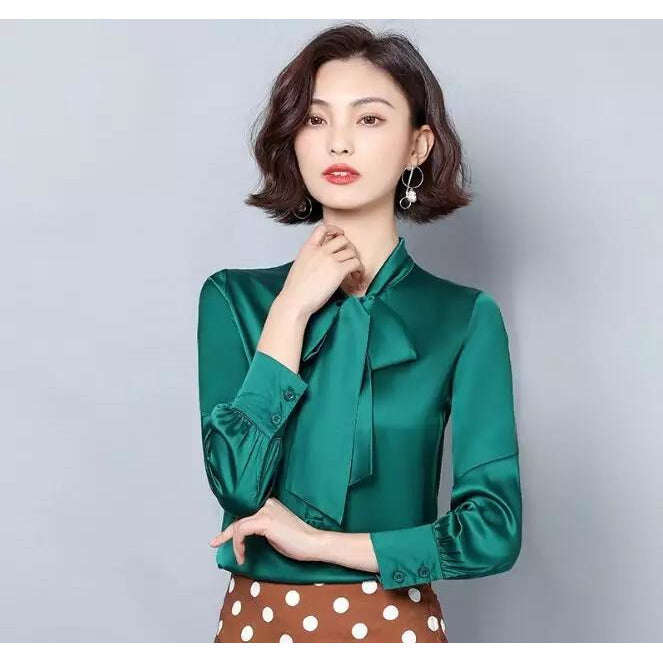 Bow Collar Silk Satin Shirts Blouses - BLUE / XL