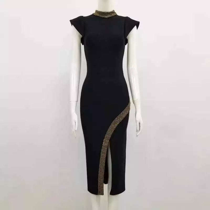 Turtleneck Split Midi Black Bodycon Dress