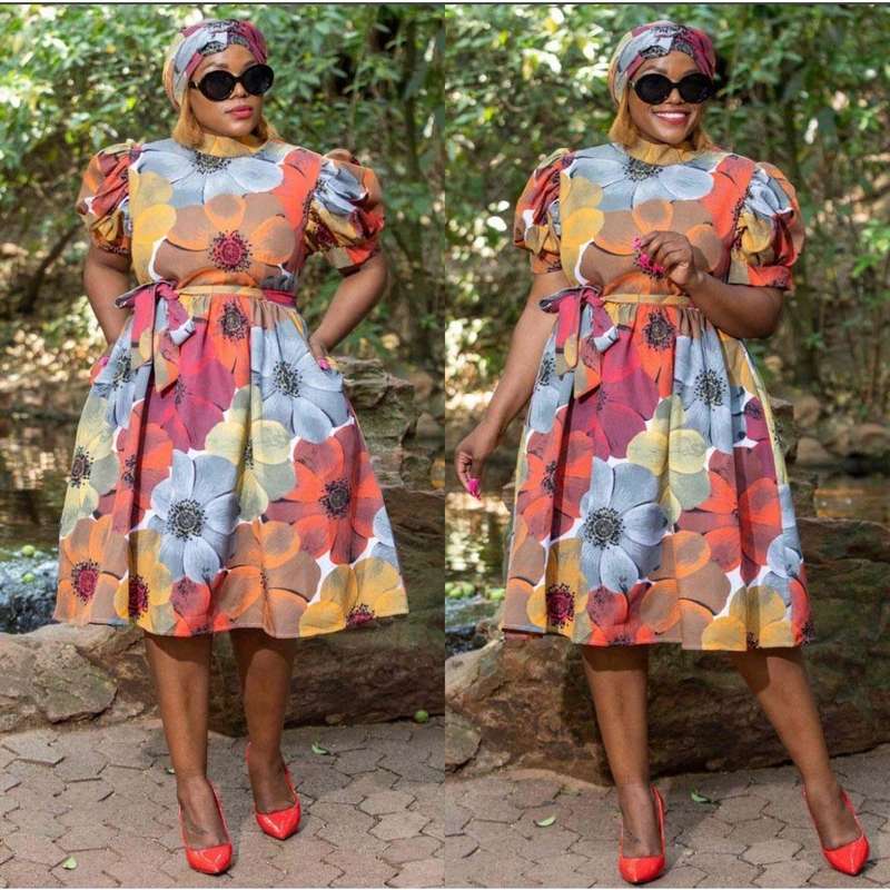 Short Sleeve High Waist Printed Dress - 40