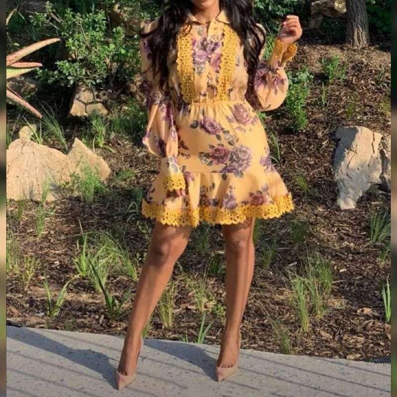 V-Neck Long sleeve print Mini Dress 