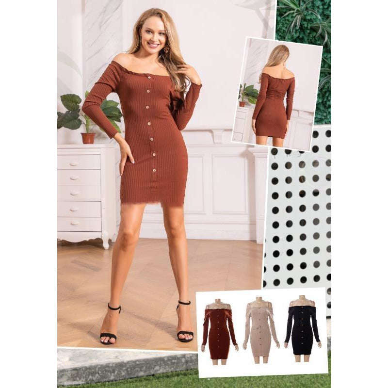 Off Shoulder Sweater Dress - BAIGE / L