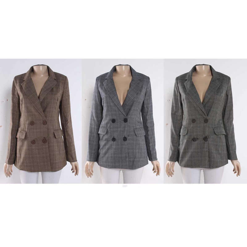 Double Breasted Plaid Blazer - BROWN / XXL