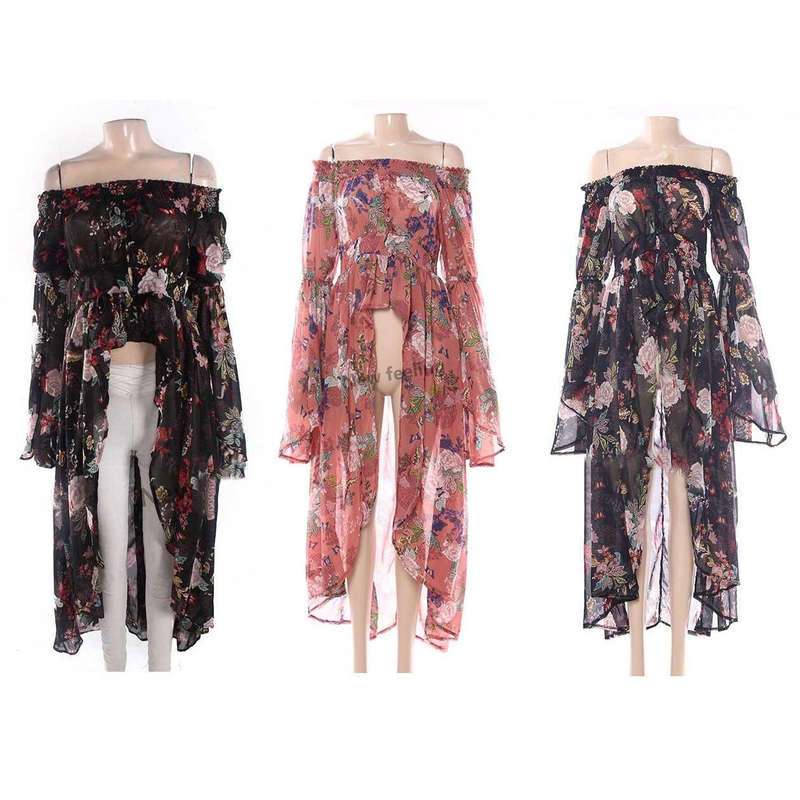 Off Shoulder High-Low Floral Top Dress - BLACK / XS