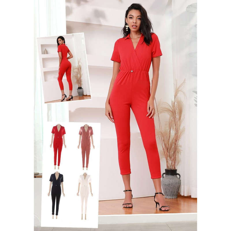 Deep V-Neck 3 Quarter Sleeve jumpsuits - BLACK / XXL