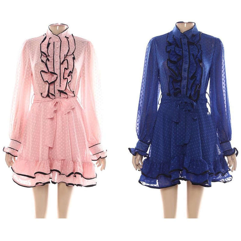 Polka Dot Ruffle Dresses - PINK / L