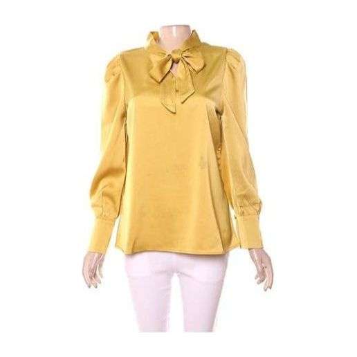 Bow Collar Silk Satin Shirts Blouses - BLUE / XL