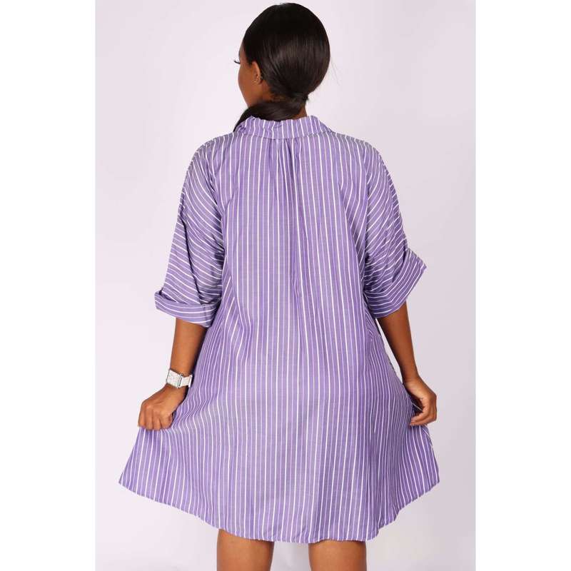 V-Neck Striped Bubble Shirt Dress - PURPLE / XL