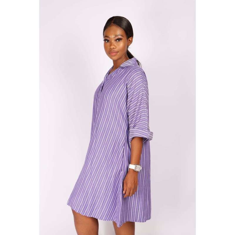 V-Neck Striped Bubble Shirt Dress - PURPLE / XL