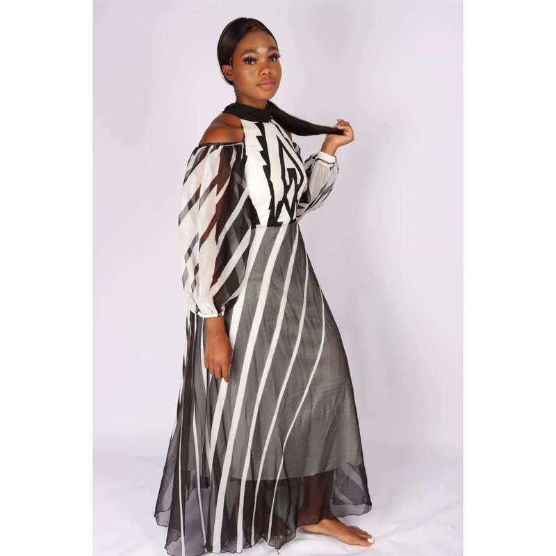 Cut off The Shoulder Irregular Striped Dress - XL