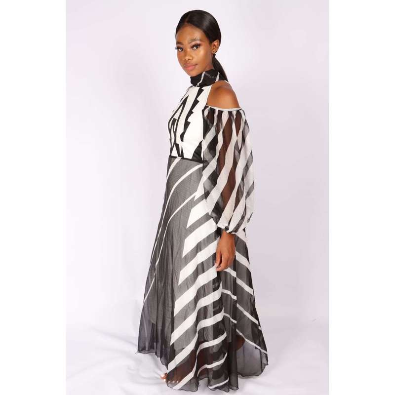 Cut off The Shoulder Irregular Striped Dress - XL
