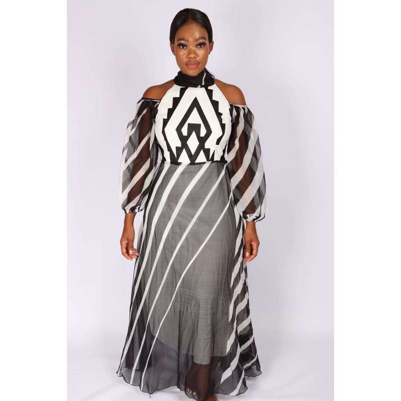 Cut off The Shoulder Irregular Striped Dress - XL