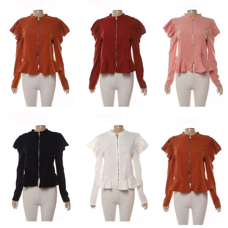 Lantern Sleeve Zipper Blouse - PINK / XXL