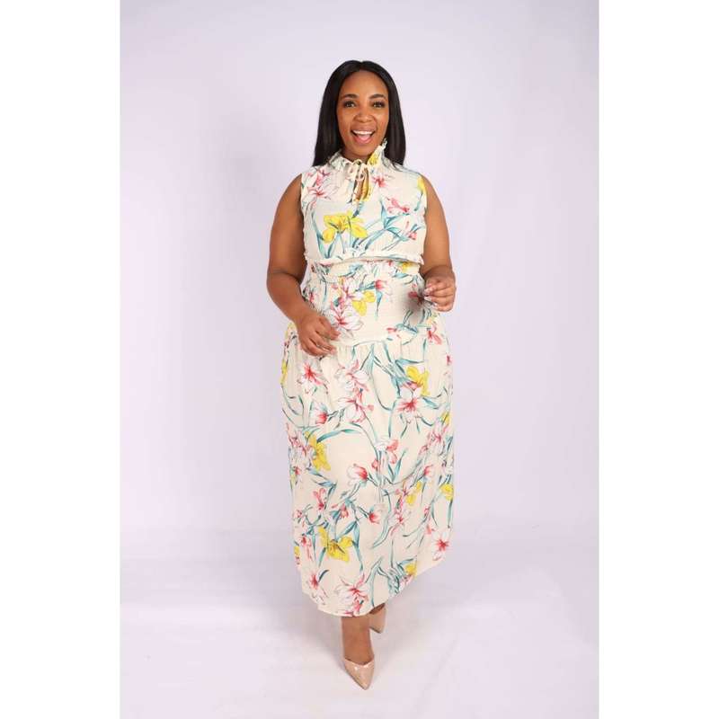 Sleeveless Floral Maxi Dress - WHITE / S/M
