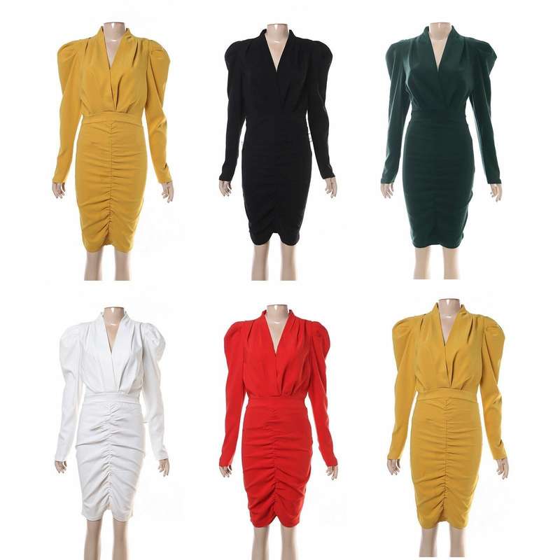 Long Sleeve V-neck Ruched Bodycon Dress