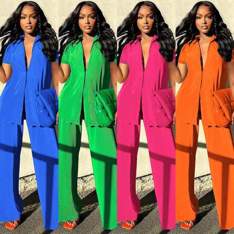 Pleated Sleeveless Shirt And Pants Set