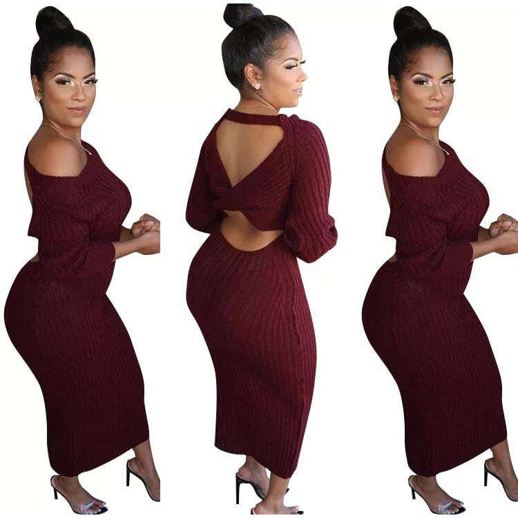 Sweater Long Sleeve Backless Dres - MAROON / S/M