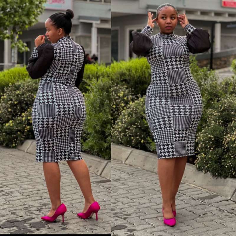 Houndstooth Print Mesh Sleeve Dress