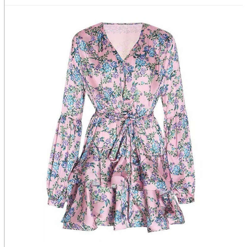 V-Neck Print Puff Sleeve Mini Dress 