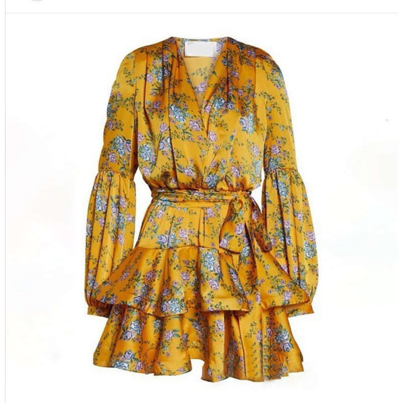 V-Neck Print Puff Sleeve Mini Dress 