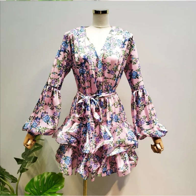 V-Neck Print Puff Sleeve Mini Dress 