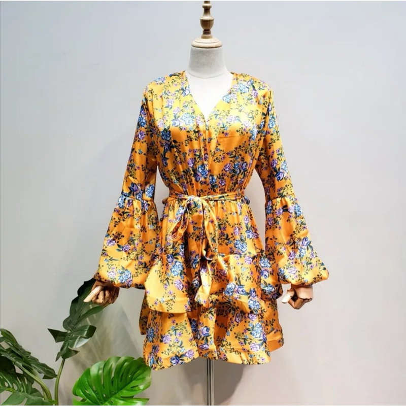 V-Neck Print Puff Sleeve Mini Dress 