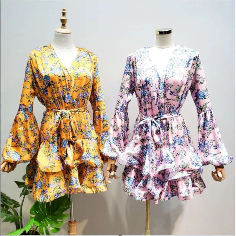 V-Neck Print Puff Sleeve Mini Dress 