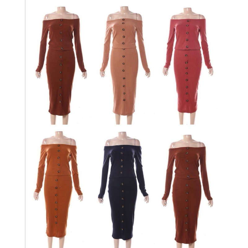 Off-Shoulder Button Detail Sweater 2 Piece Set