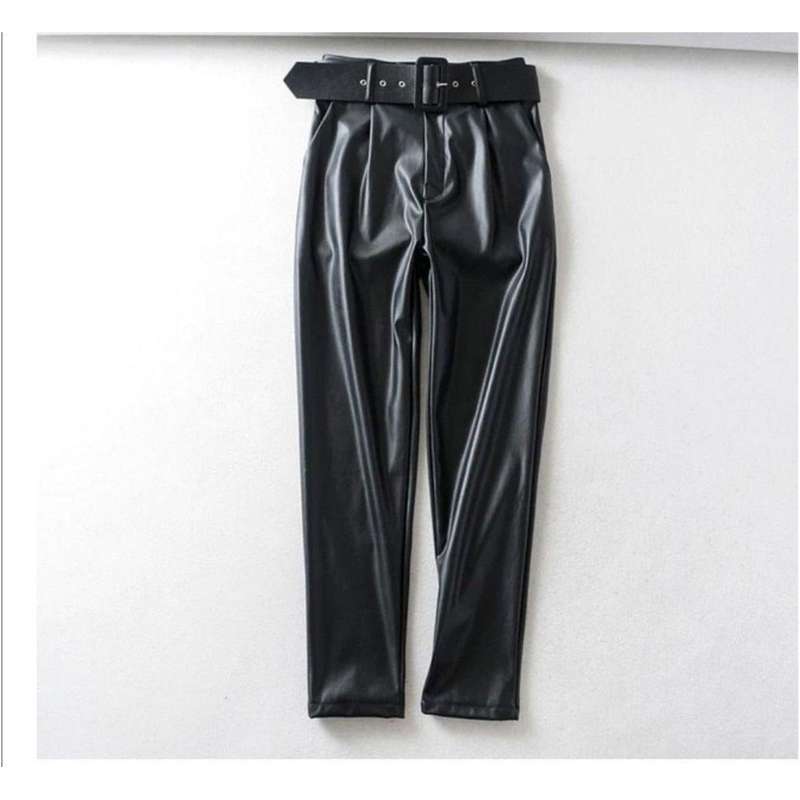 faux leather pants-high waist - BLACK / 34