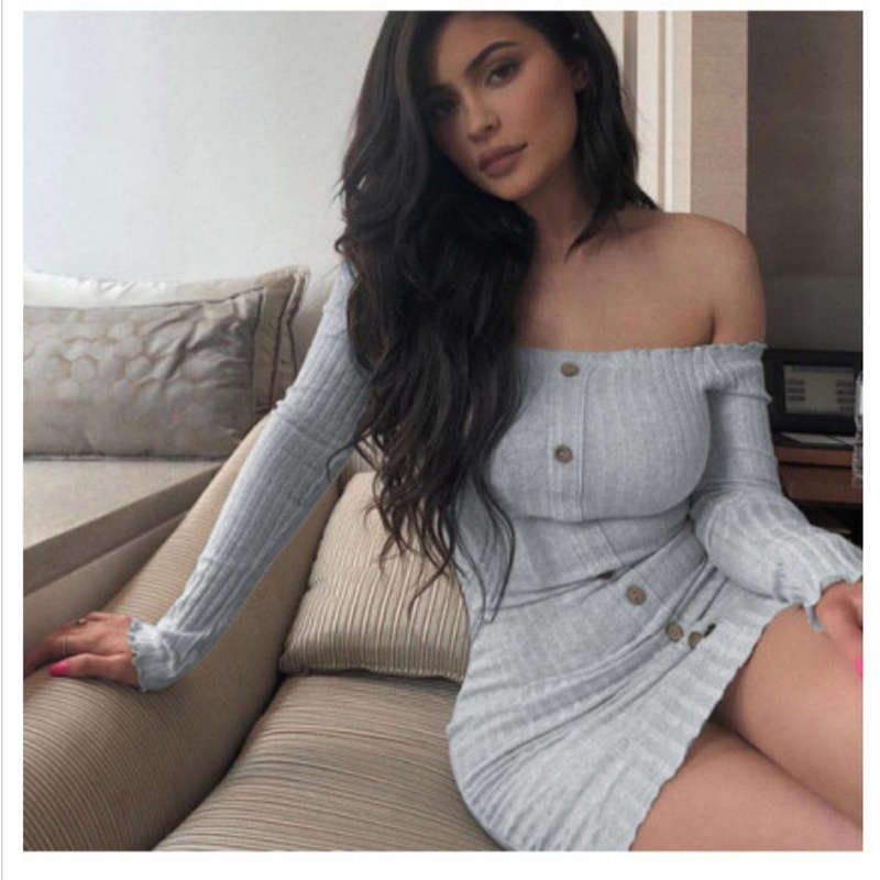 Off Shoulder Sweater Dress - BAIGE / L