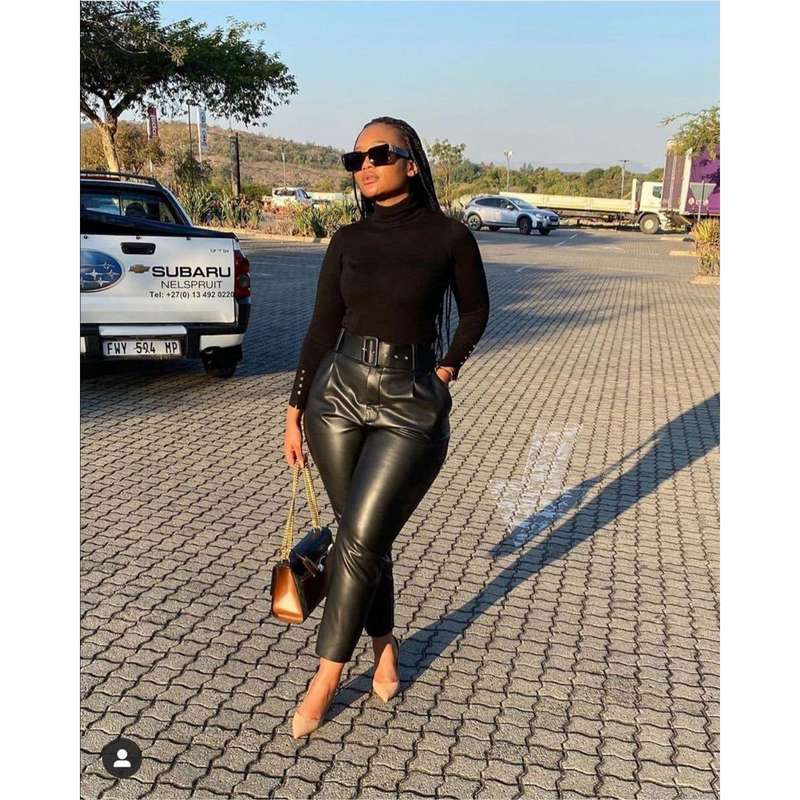 faux leather pants-high waist - BLACK / 34