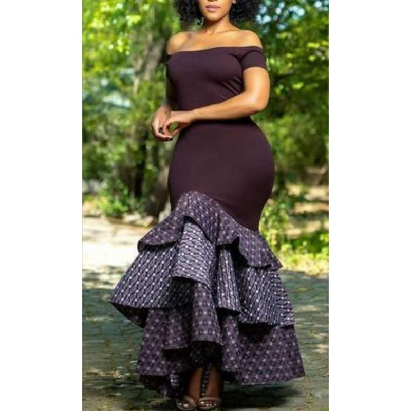 Off Shoulder Ankara dress - BROWN / 3XL