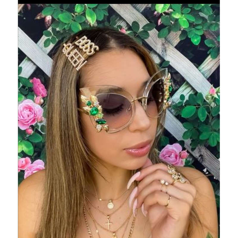 Flower Rhinestone Sunglas - BROWN