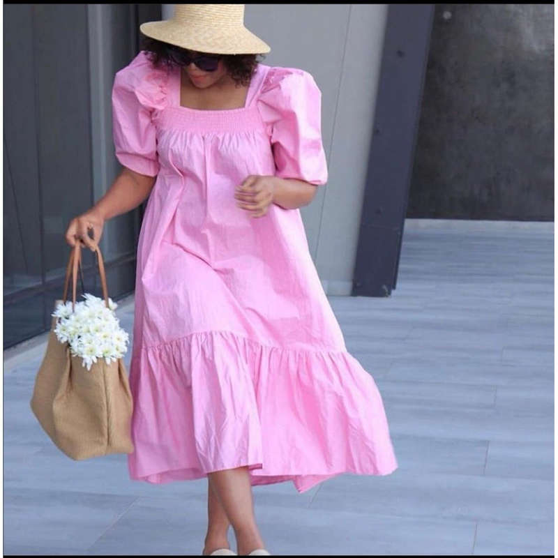Shirred Tiered Poplin Maxi Dress