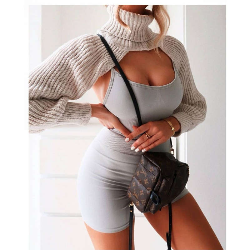 Turtleneck Crop Top Sweater - BROWN / 32-38