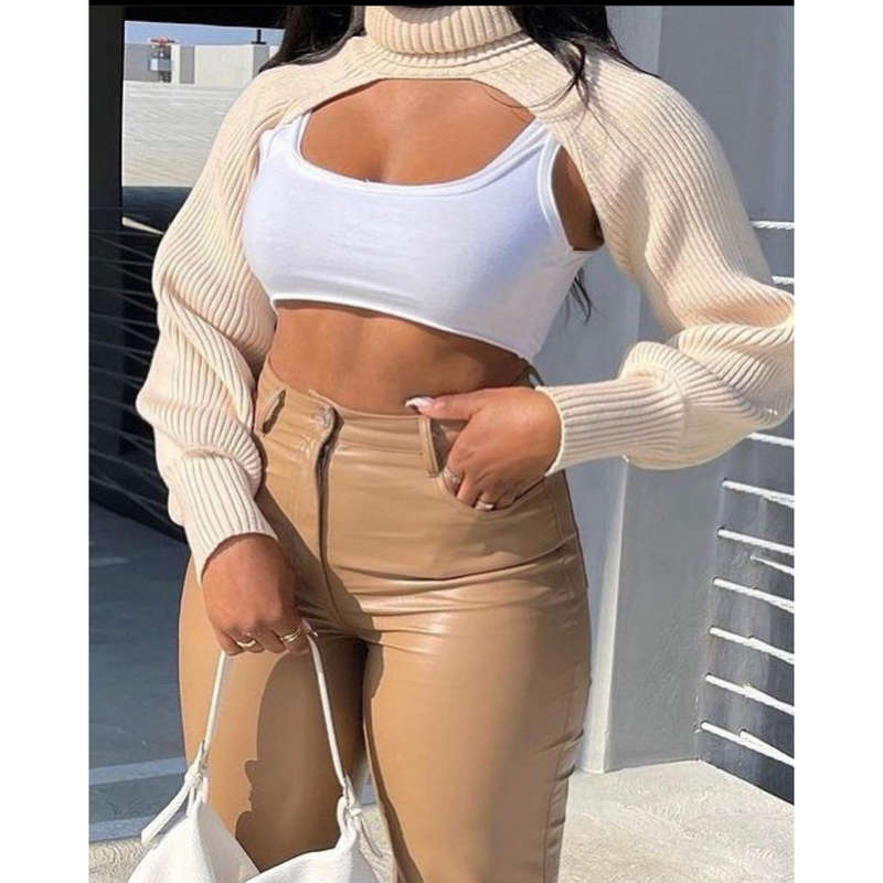 Turtleneck Crop Top Sweater - BROWN / 32-38
