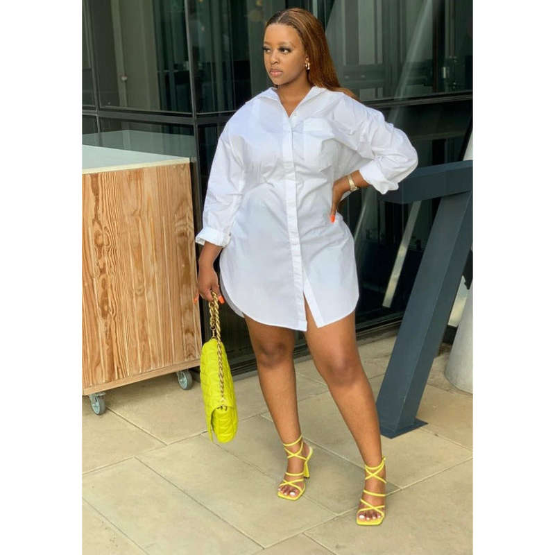 Over sized Button Up Shirt Dress - WHITE / L