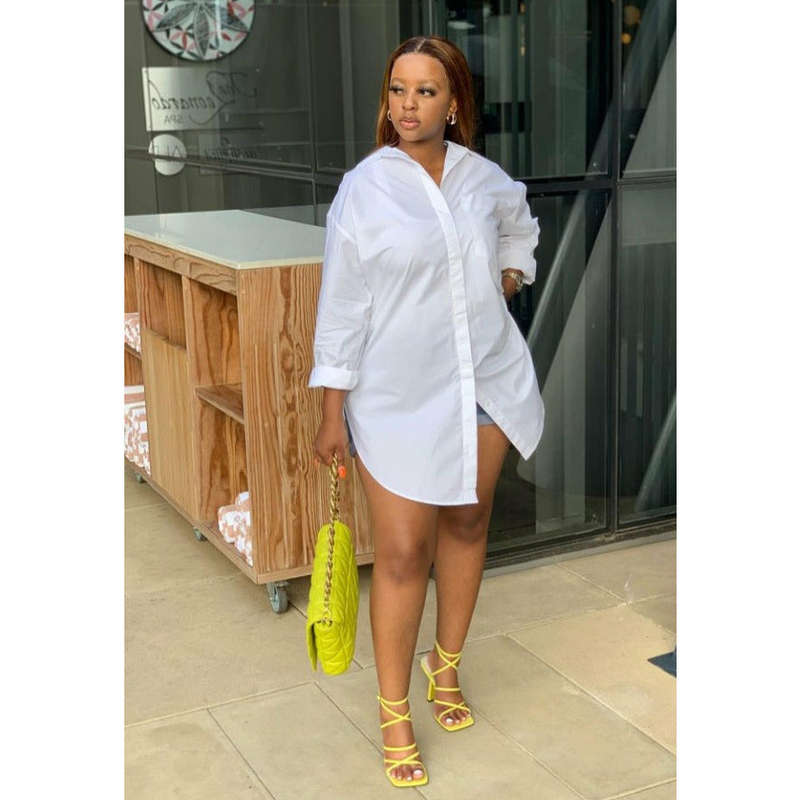 Over sized Button Up Shirt Dress - WHITE / L