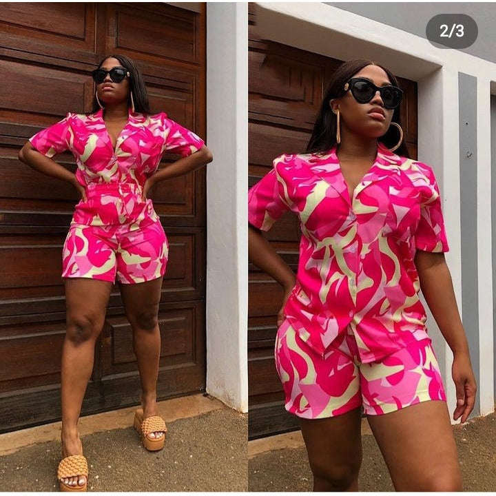 Sleeve Shirts with Elastic Waist Shorts Set