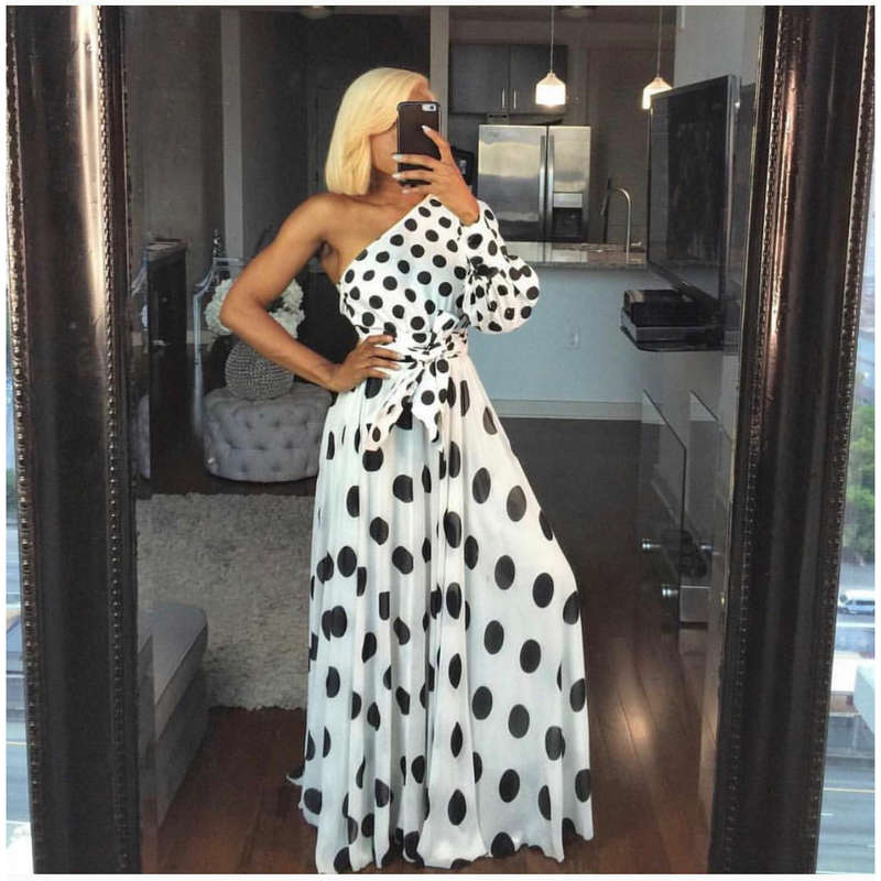 One Hand Off Shoulder Polka Dotted Dress - BROWN / XL