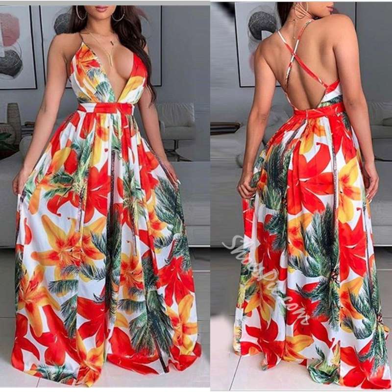V-Neck Floral Print Backless Maxi Dress