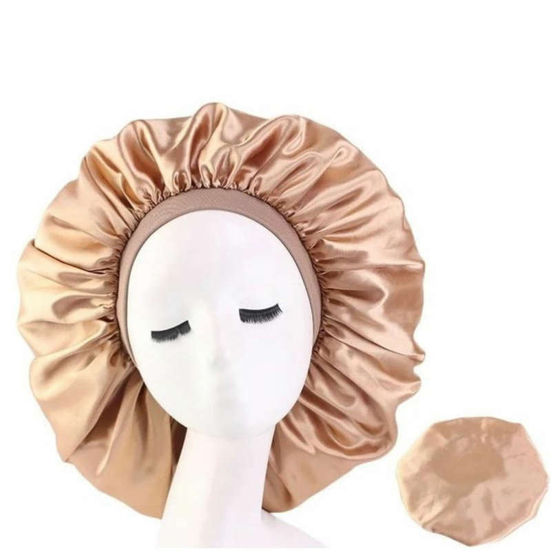 Satin Hair Bonnet Bed Hat Head Cover - BLACK